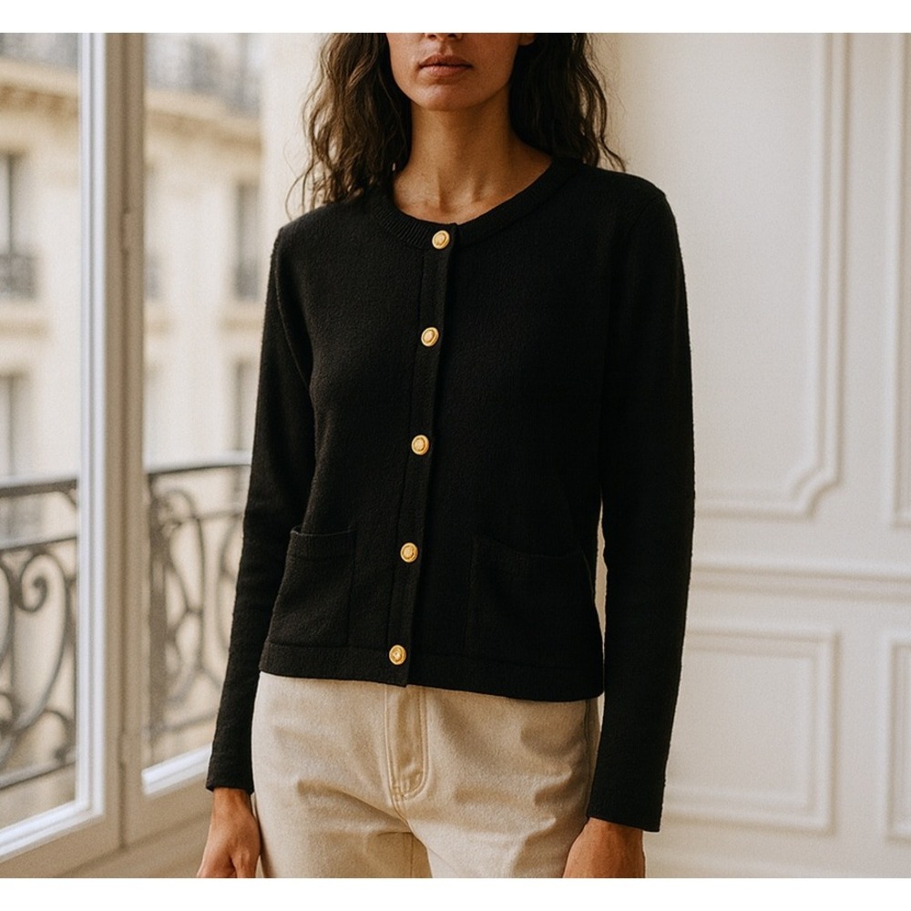 Automet Retro Thick Soft Black Granny Cardigan‎ Gold Buttons LARGE Closet Staple